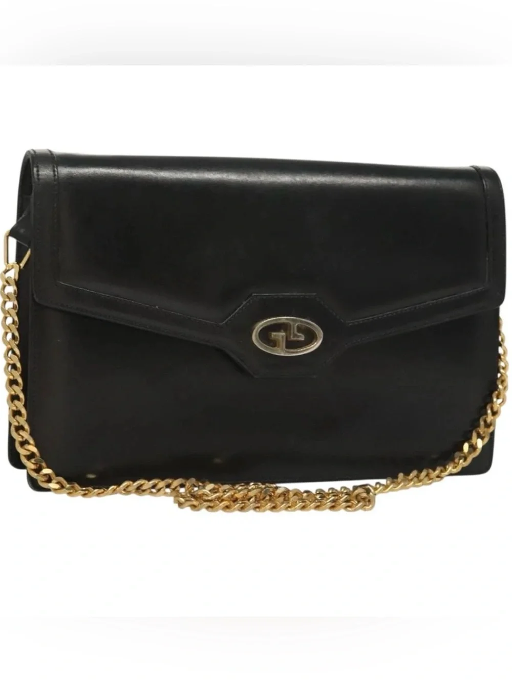 👜 GUCCI Black Leather Crossbody Gold Chain Shoulder Bag Authentic